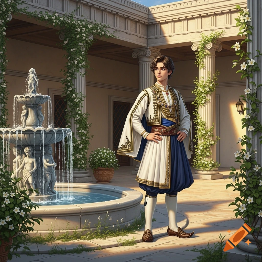 A young man in rich Greek traditional clothing stands in a sunny classical courtyard with a fountain and ivy-covered columns.