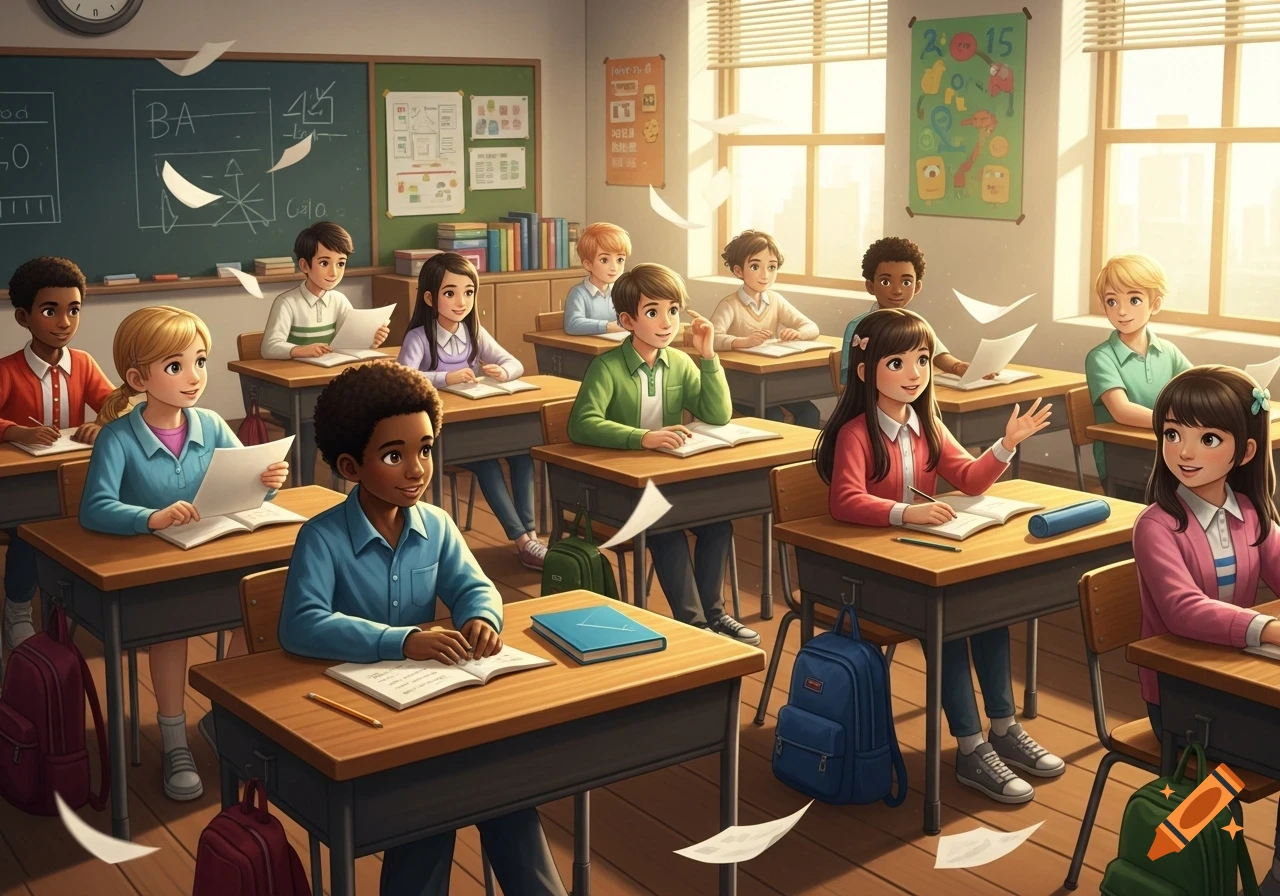 A cartoon illustration of diverse young students sitting at desks in a sunny classroom with papers flying. Some children are looking forward, others are holding papers or raising hands.