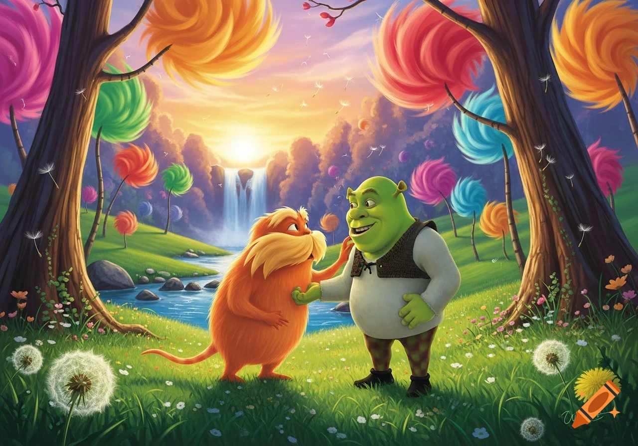The Lorax and Shrek hold hands and smile in a vibrant, whimsical forest with colorful Truffula trees, a river, and a sunset over a waterfall.