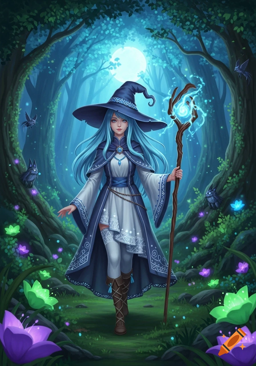 A blue-haired witch girl in a wide-brimmed hat and flowing robes stands in a mystical blue forest, holding a glowing magical staff.