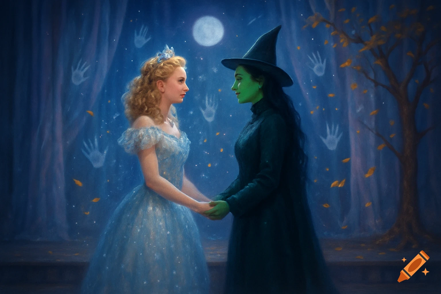 Glinda and Elphaba hold hands in a painterly night scene with a moon, glowing handprints, and a bare tree.
