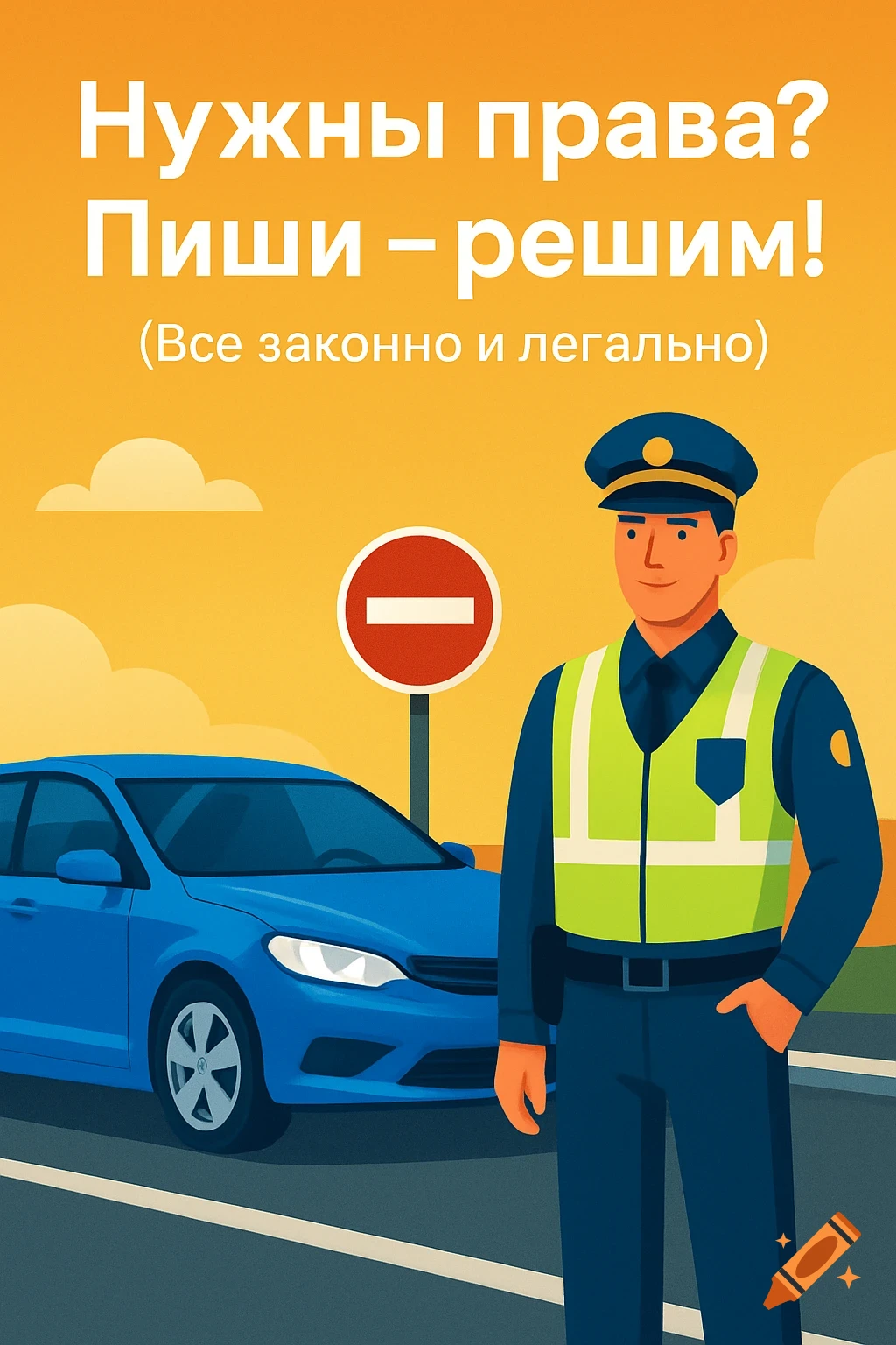 A flat design illustration of a smiling police officer in uniform standing next to a blue car and a stop sign on a road against an orange sky. Bold white text above reads, "Need a license? Write - we'll decide! (All legal and legitimate)".