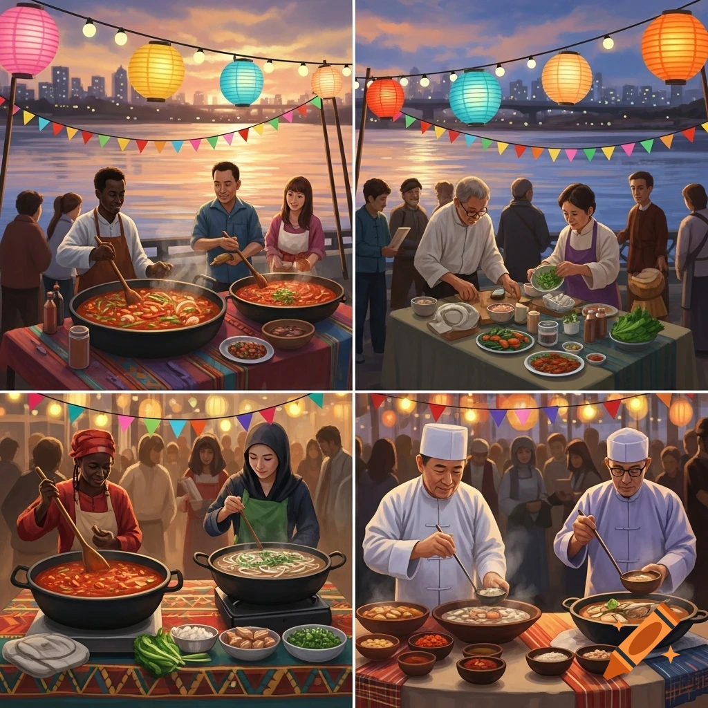 A vibrant night food festival by a river with various people cooking and serving dishes under colorful lanterns.