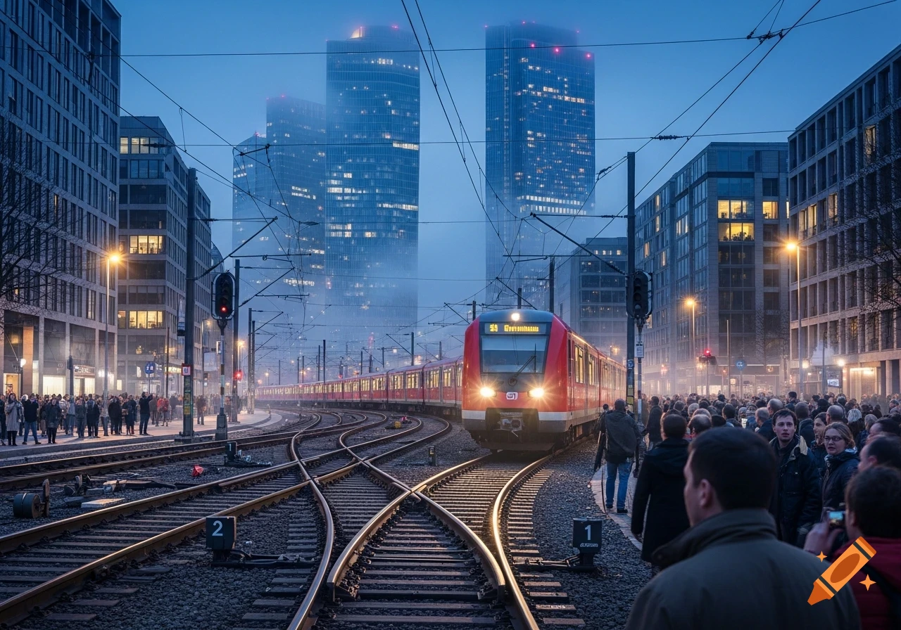 A red S-Bahn train on tracks in a bustling city at dusk, with modern high-rise buildings in the foggy background and crowds of people on the platforms.