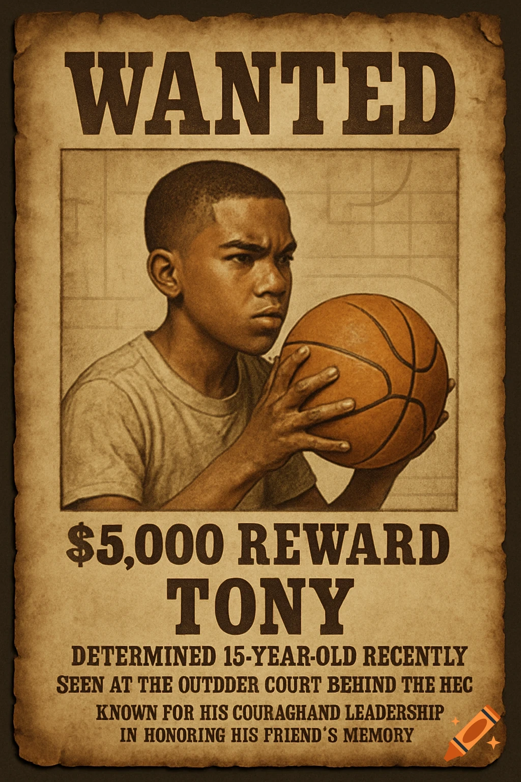 An aged wanted poster featuring a focused, brown-skinned 15-year-old boy with a buzz cut, holding a basketball.