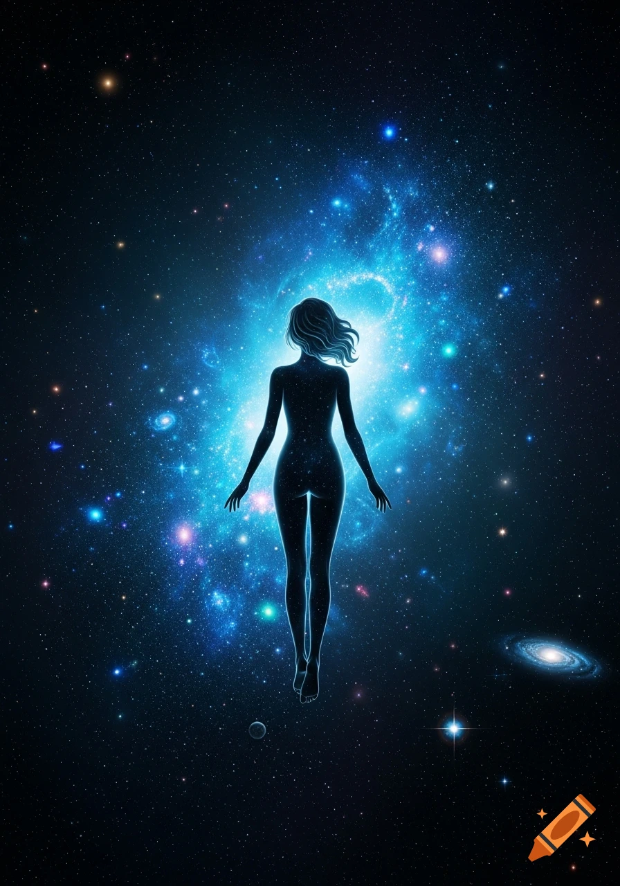 A silhouetted female figure with glowing edges floats in deep space, against a bright blue nebula, surrounded by stars and distant galaxies.