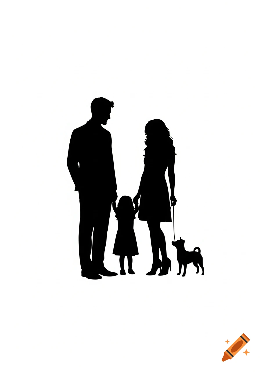 Black silhouettes of a man, a woman, a child, and a dog on a white background.