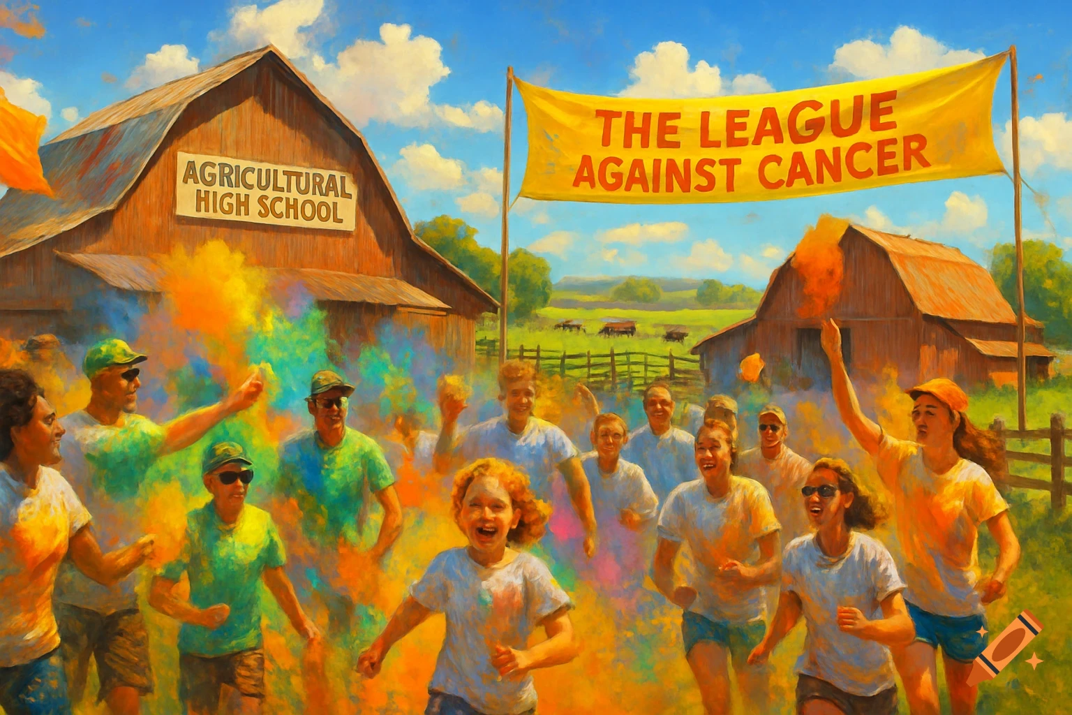 A vibrant painterly scene of diverse people running through colorful powder at a 'Color Run' event, with barns and a 'THE LEAGUE AGAINST CANCER' banner in the background.