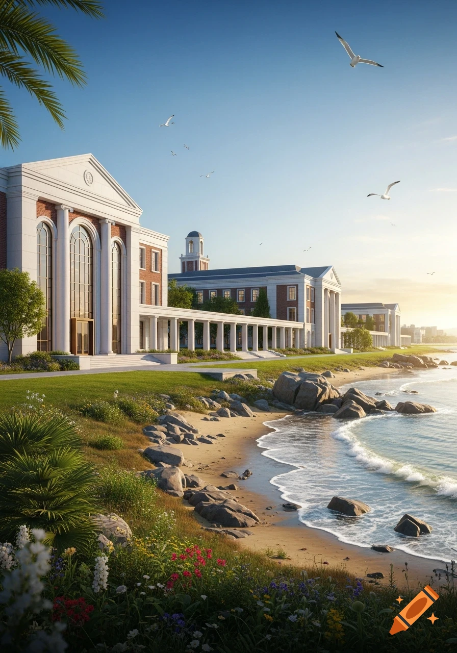 A grand classical college building complex with columns and brick walls sits beside a rocky beach with waves under a sunny sky.