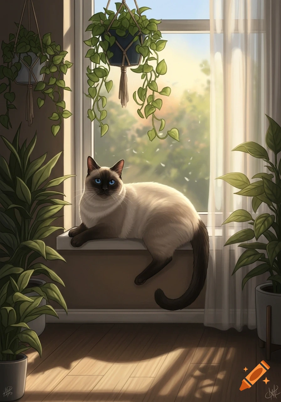 Illustrated Siamese cat with blue eyes lying on a sunny window sill, surrounded by green plants.