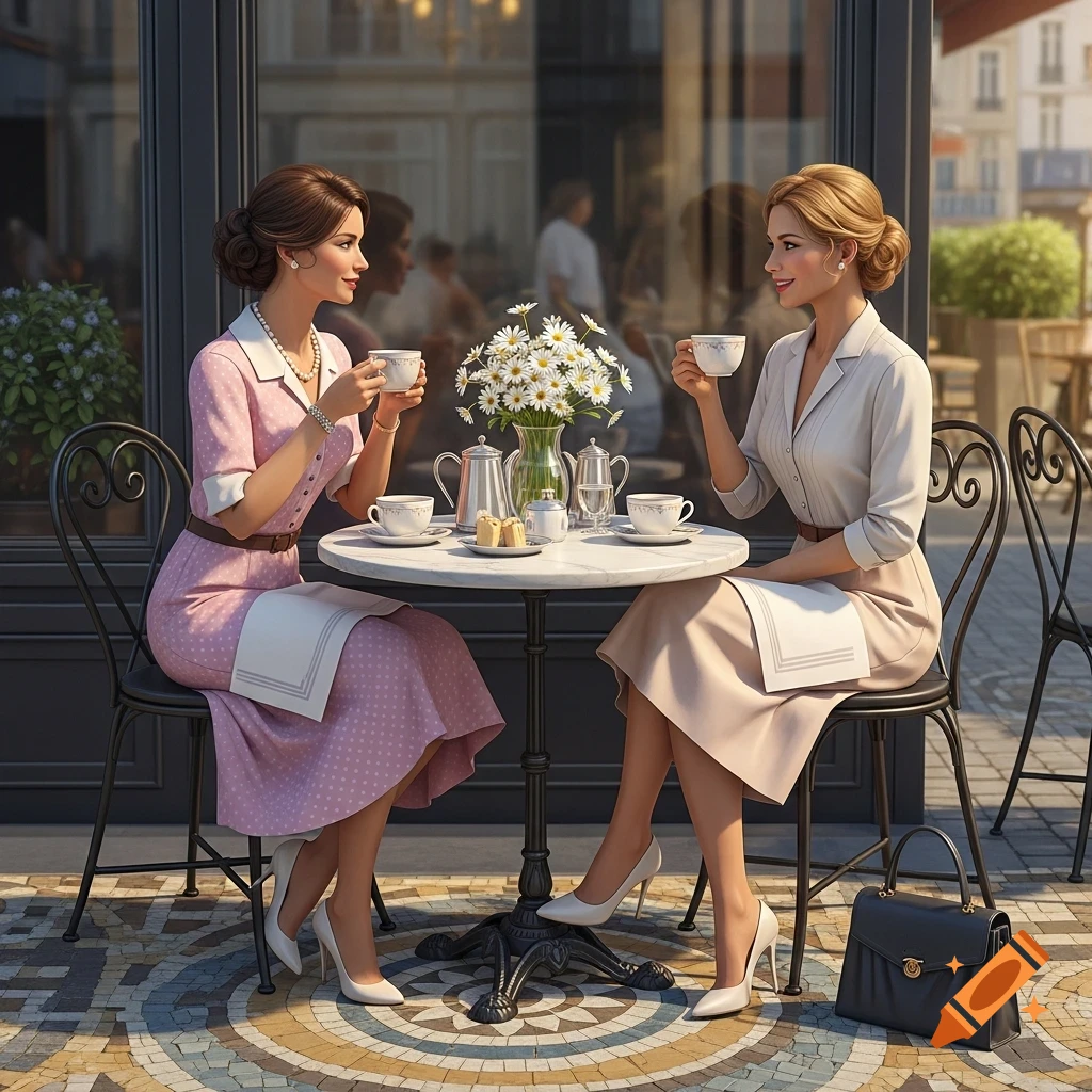 Two elegantly dressed women in vintage style dresses enjoy coffee and pastries at an outdoor cafe table with a vase of daisies.