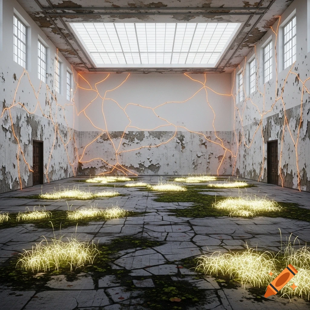 Abandoned exhibition hall with peeling walls, a skylight, glowing orange light veins, and luminous grass on the cracked floor.
