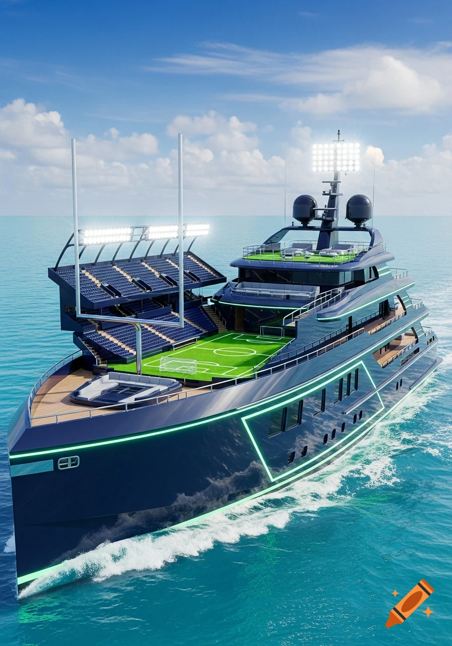 A large, dark blue yacht featuring a vibrant green soccer field and tiered stadium seating on its upper decks, sailing on turquoise water under a blue sky.