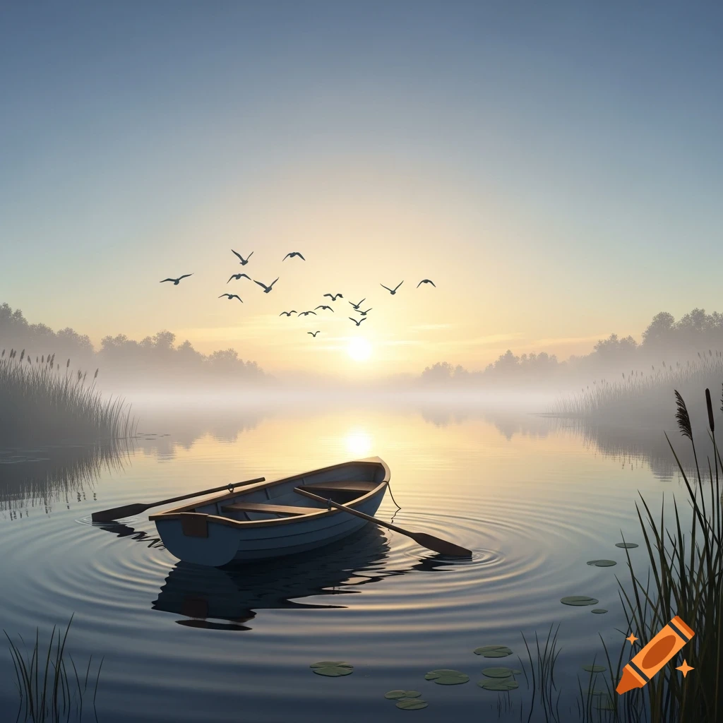 A tranquil rowboat floats on a misty lake at sunrise or sunset, with birds flying above and reeds on the banks.