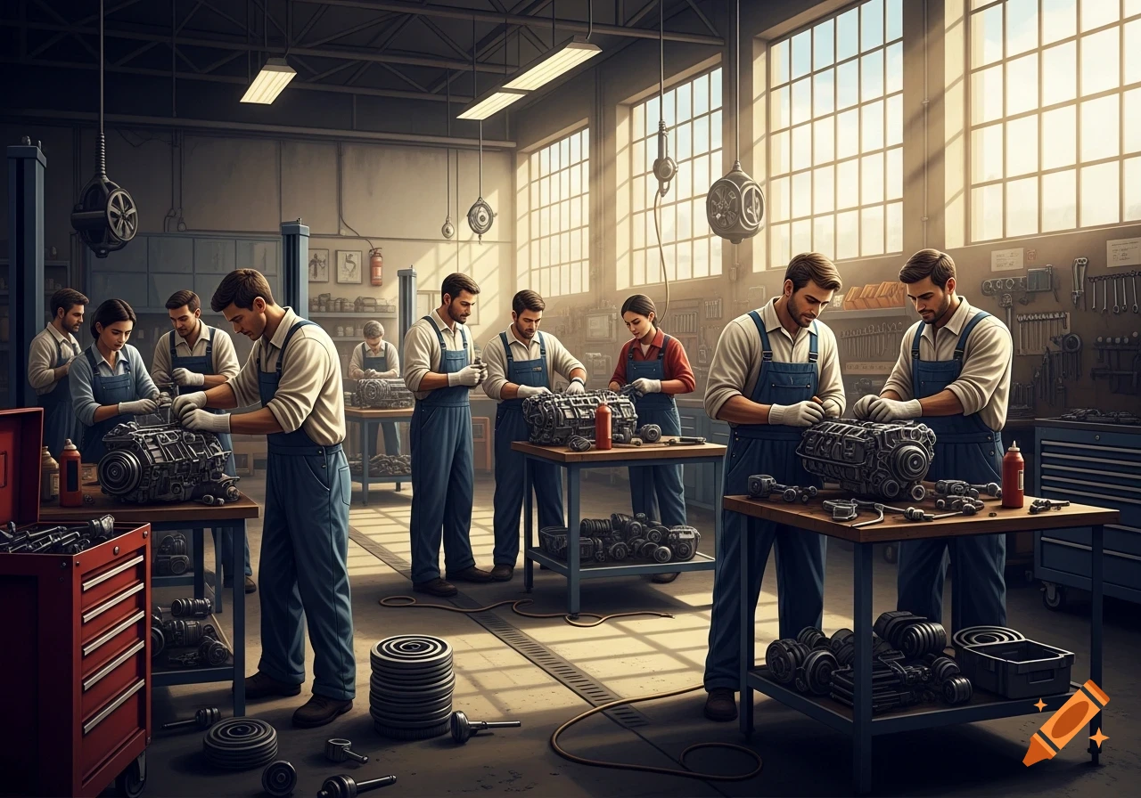 A group of mechanics, including men and women, meticulously assemble engine parts on workbenches in a brightly lit industrial workshop.