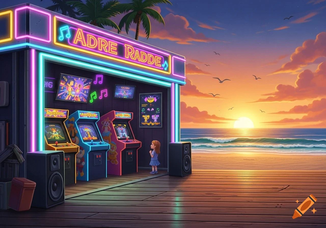 A neon-lit arcade building stands on a wooden boardwalk by a beach at sunset, with a child looking at arcade machines.