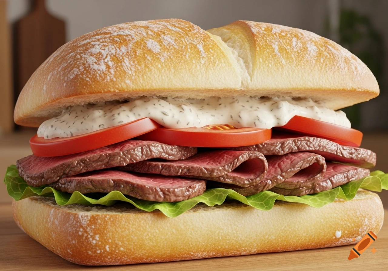A close-up, photorealistic image of a thinly sliced flank steak, horseradish cream, tomato, and lettuce sandwich on a ciabatta roll.