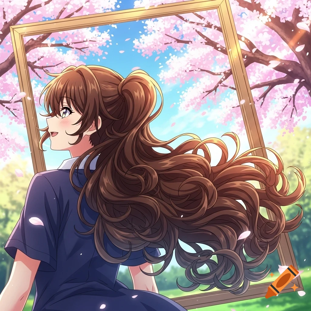Anime girl with long brown curly hair in pigtails, smiling and holding a frame amidst pink cherry blossoms.