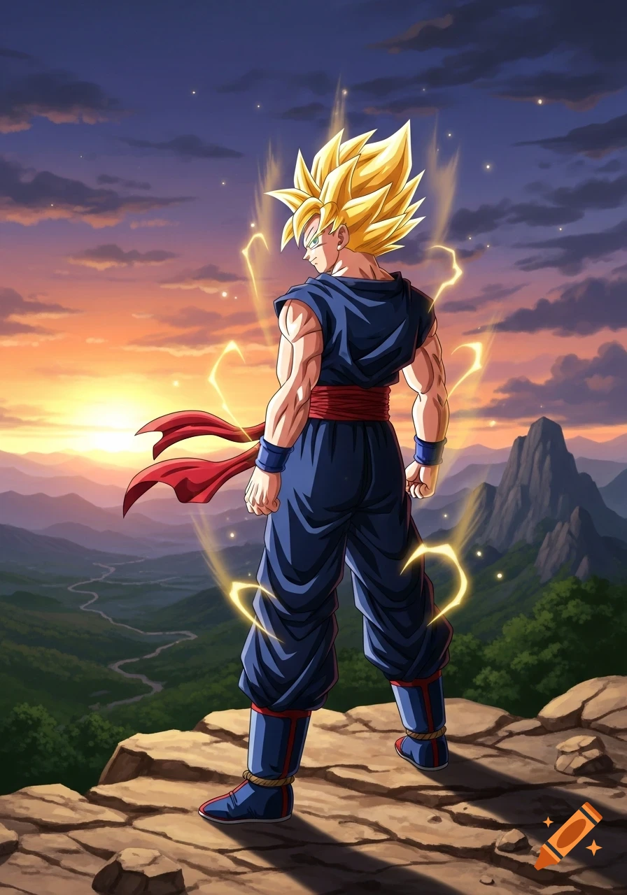 An anime character, Super Saiyan Goku, stands on a cliff overlooking a mountain valley at sunset.