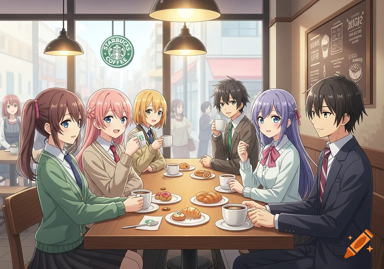 Anime characters, three girls and three boys, are gathered around a table inside a Starbucks coffee shop, drinking coffee and eating pastries.