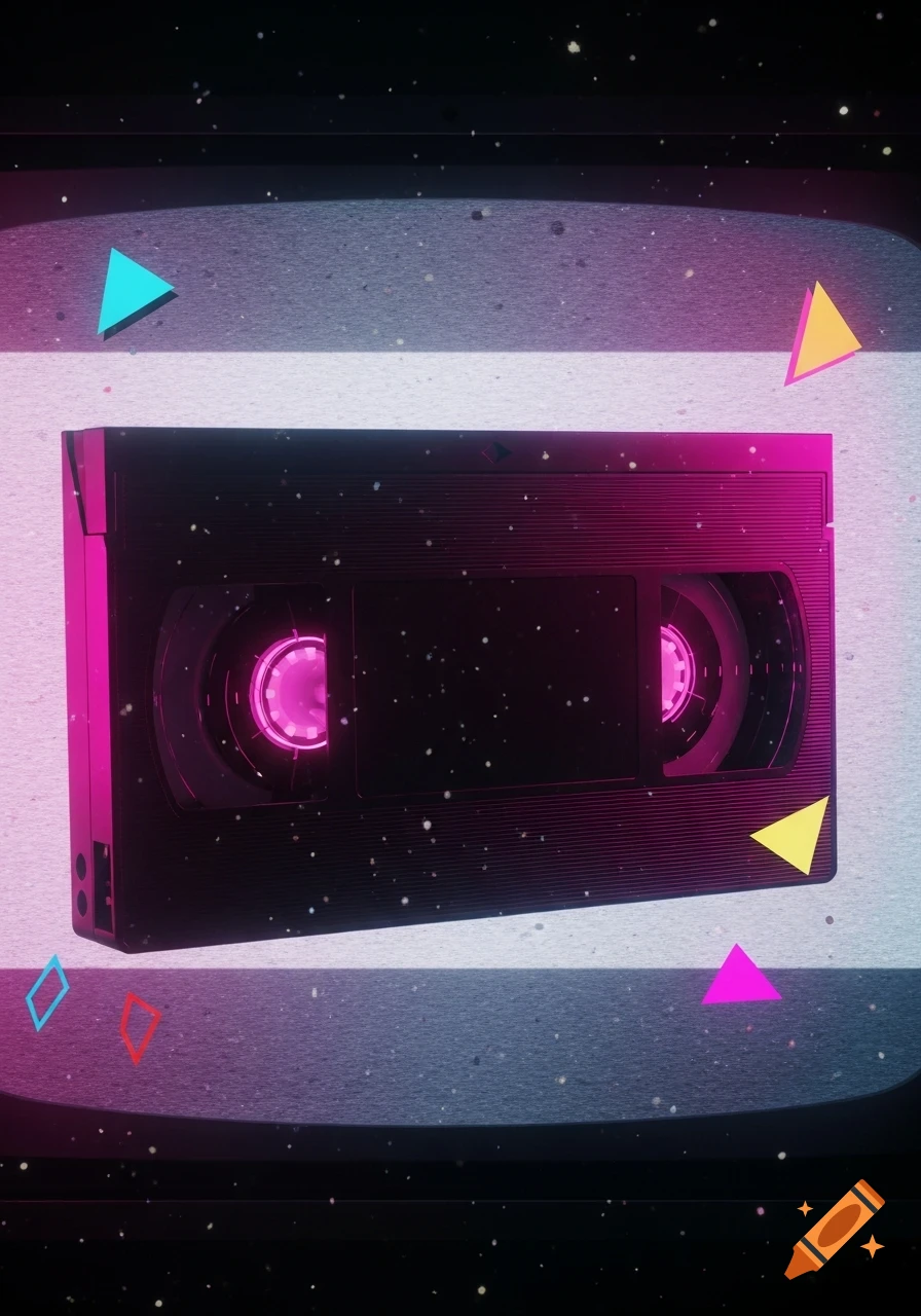 A stylized dark VHS tape with glowing pink reels, surrounded by colorful geometric shapes and static effects on a retro background.