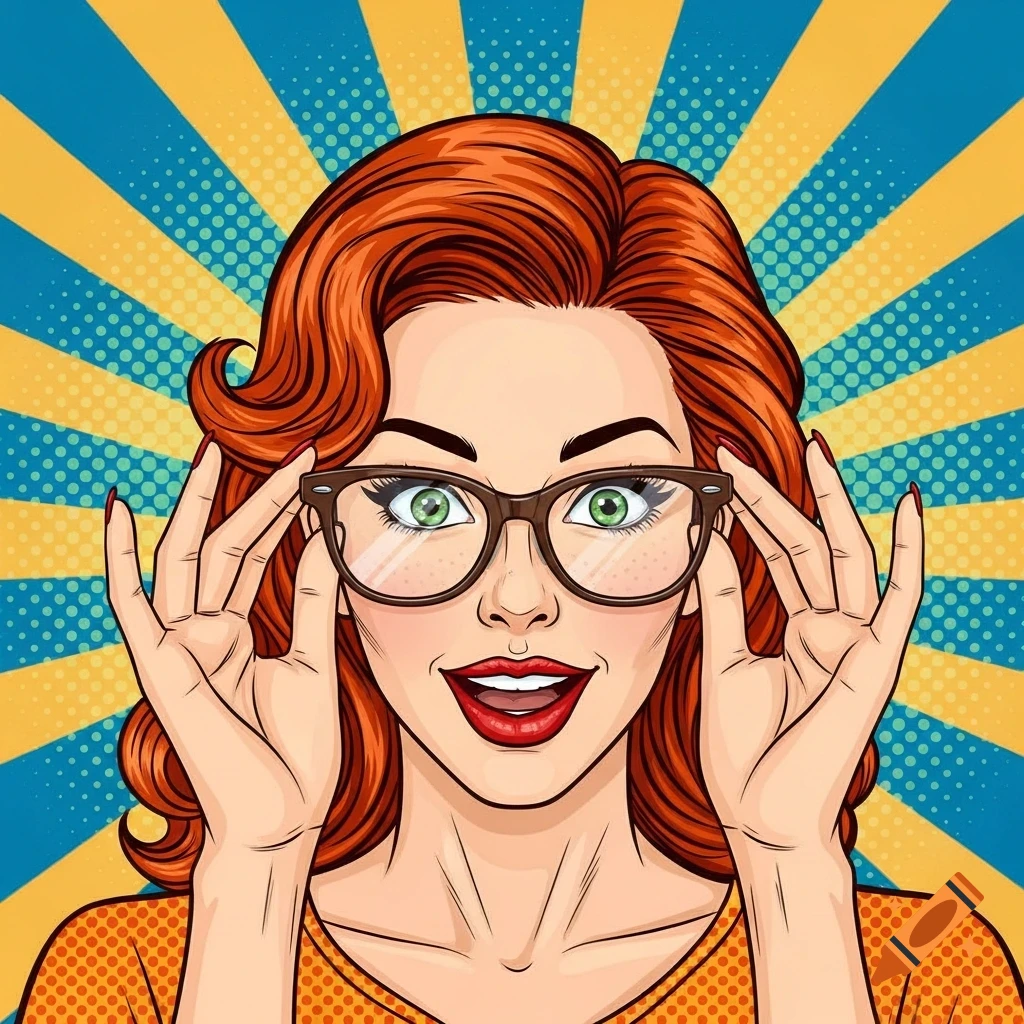 Pop art illustration of a smiling woman with red hair and green eyes, holding her glasses against a yellow and blue striped background.