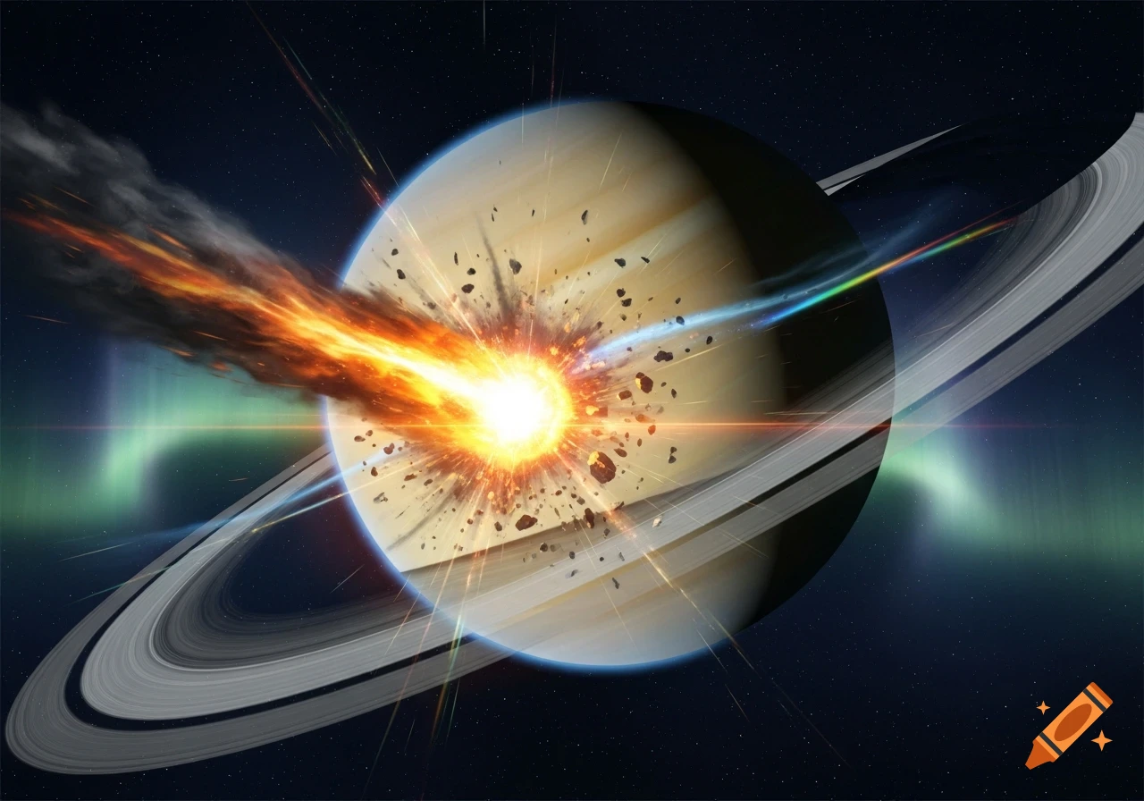 A comet ablaze with fire and smoke crashes into a ringed planet, sending debris and light rays outward against a star-filled dark blue background with green auroras.