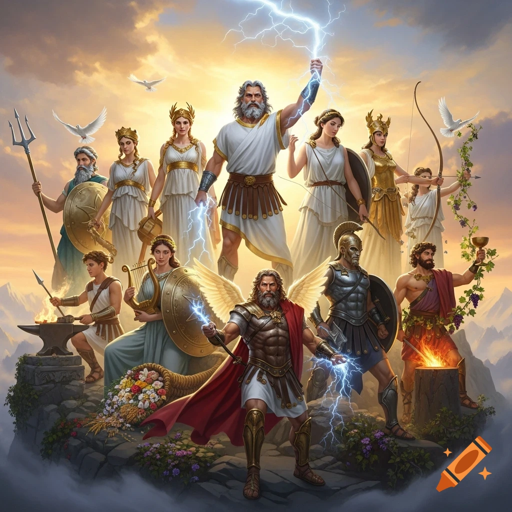 An epic gathering of powerful, heroic gods and goddesses on a mountaintop, with a Zeus-like figure holding a lightning bolt, under a dramatic sky.