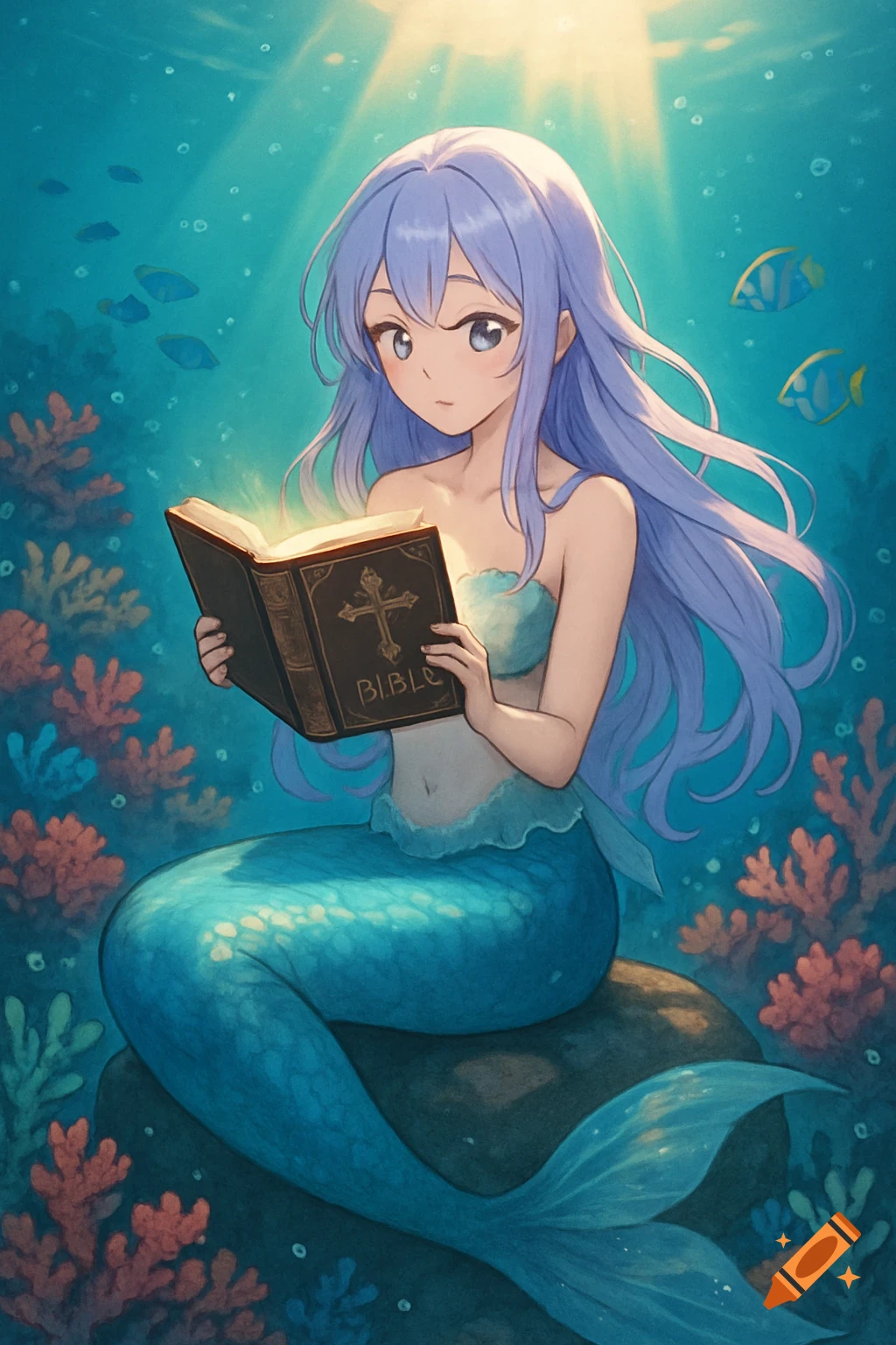 A beautiful anime mermaid with long lavender hair sits on a rock underwater, reading a glowing Bible amidst coral and fish.