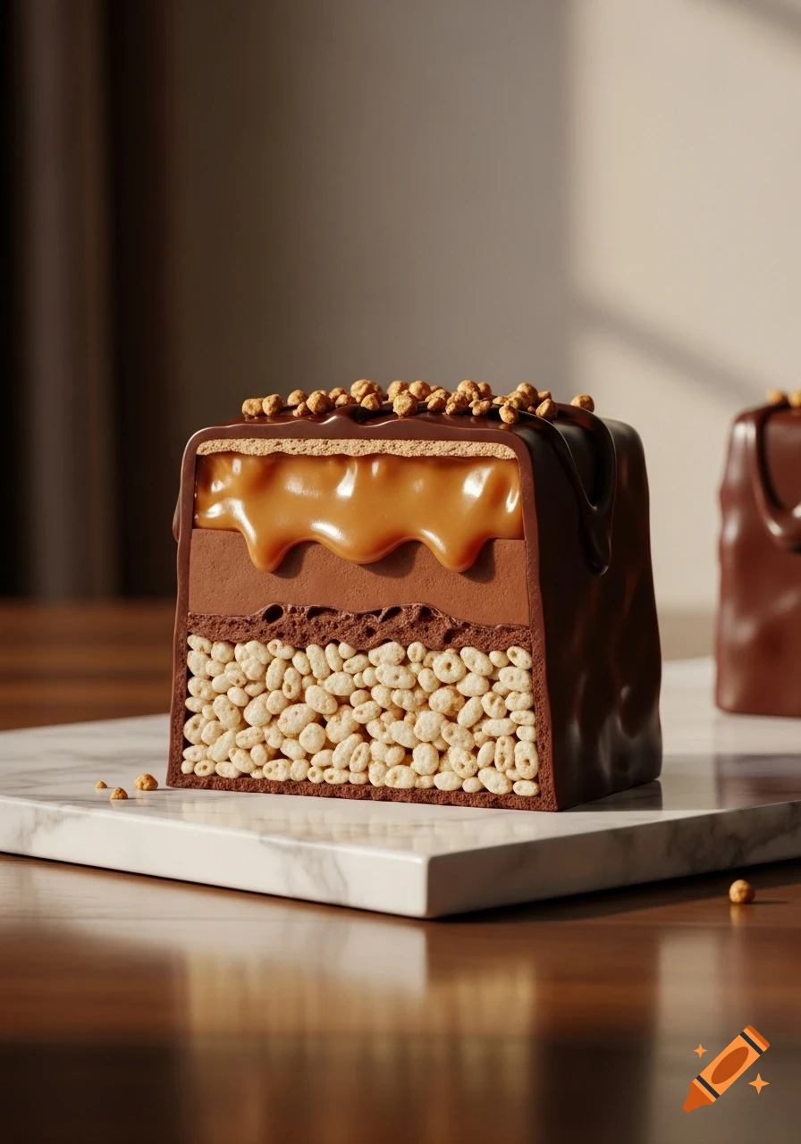 A photorealistic close-up of a cut chocolate bar revealing layers of caramel, chocolate, and rice krispies, topped with crunchy bits, on a marble surface.