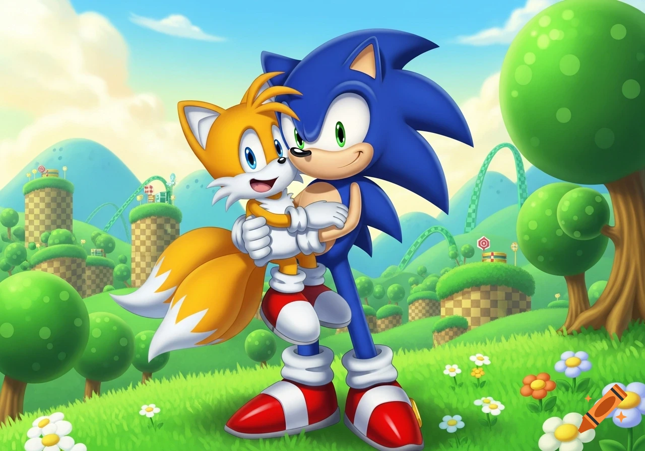 Sonic the Hedgehog hugs Tails in a vibrant, cartoonish Green Hill Zone landscape with rolling hills, trees, and flowers.