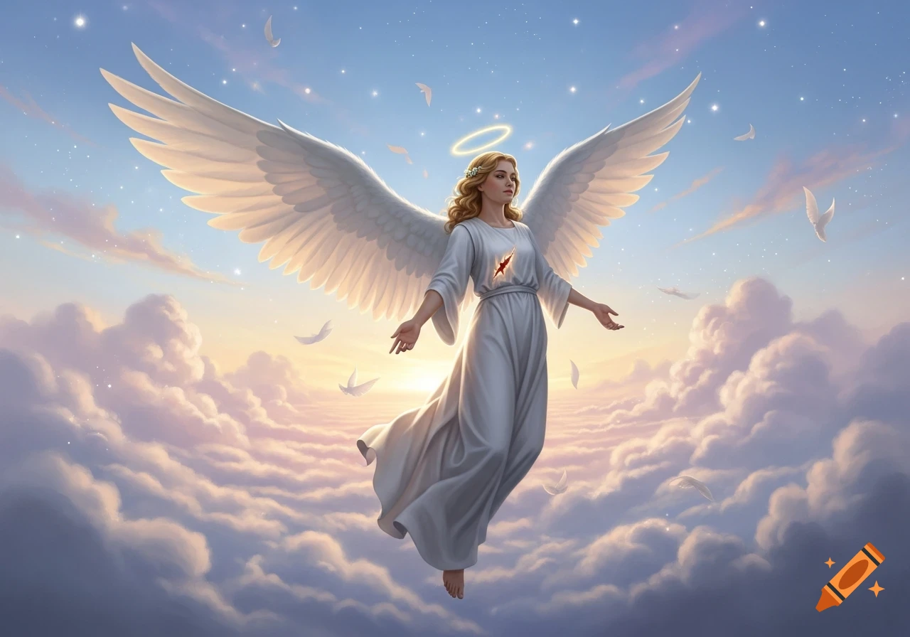 A female angel with large white wings and a halo floats in a vibrant, cloudy sky, wearing a white flowing gown with a red mark on her chest.