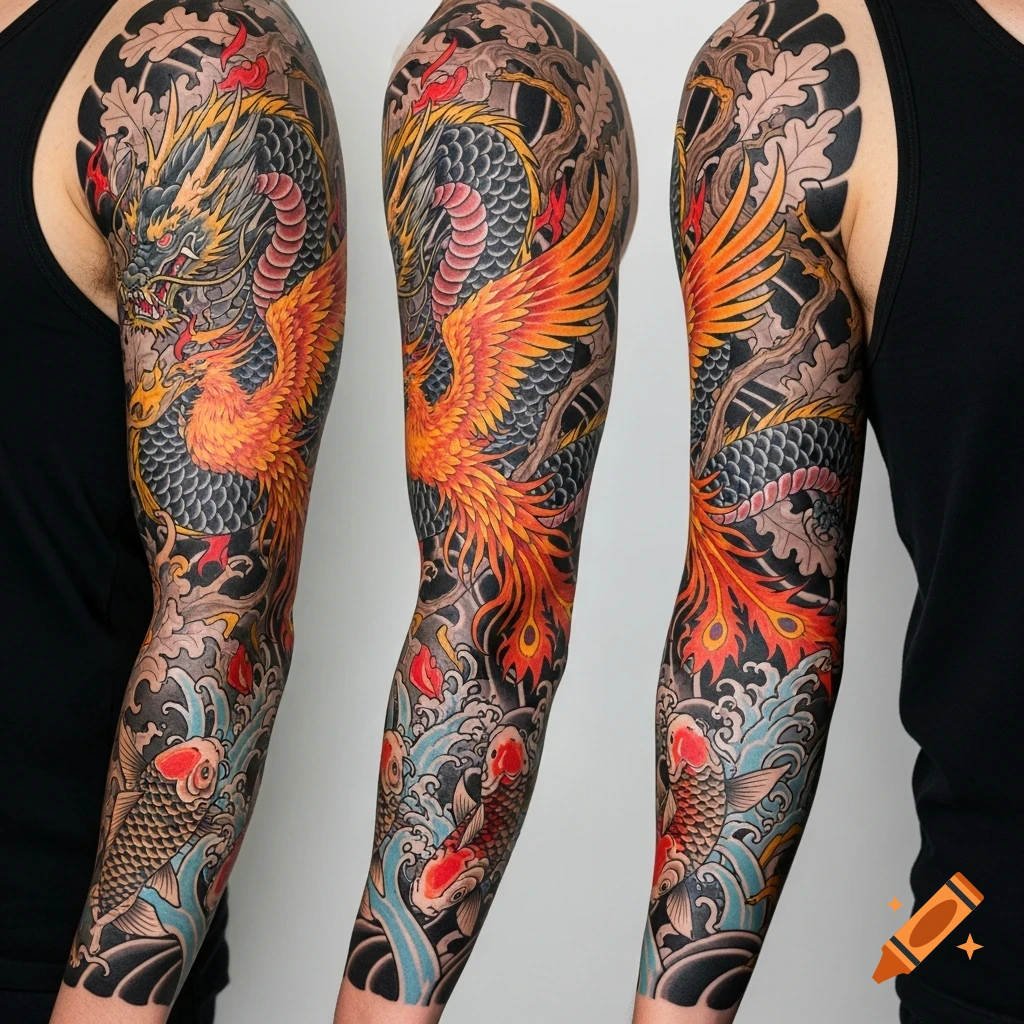 A person's arm displaying a vibrant full sleeve tattoo featuring a grey dragon, an orange phoenix, and koi fish in a traditional Japanese style.