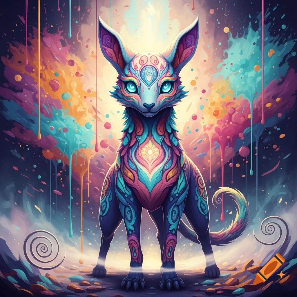 A vibrant, stylized mythical creature with intricate patterns and glowing blue eyes stands against a psychedelic background with dripping, colorful paint splashes.