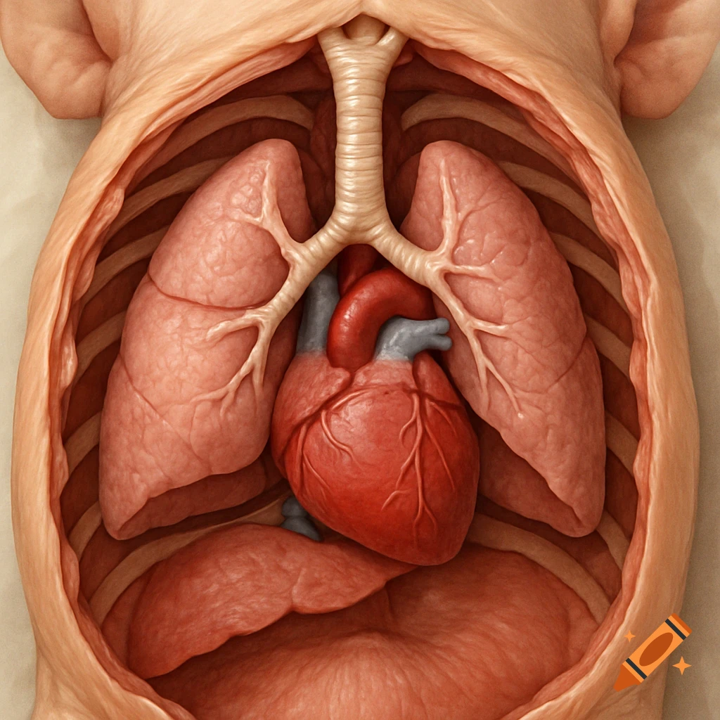 Detailed illustration of a pig's thoracic cavity, revealing the heart, lungs, trachea, ribs, and diaphragm.