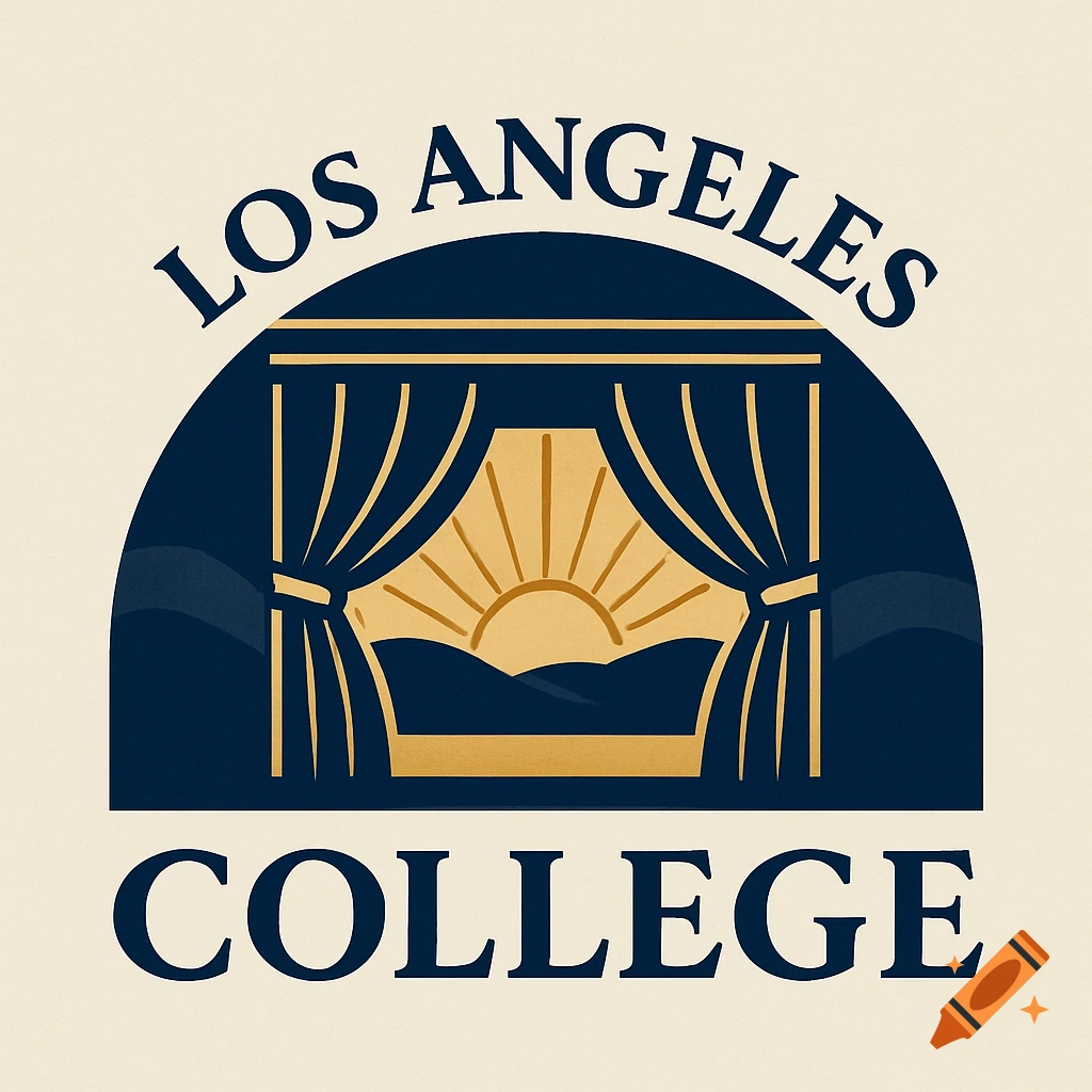 A stylized logo for Los Angeles College features text, a window with curtains, and a rising sun in a dark blue and gold color scheme.