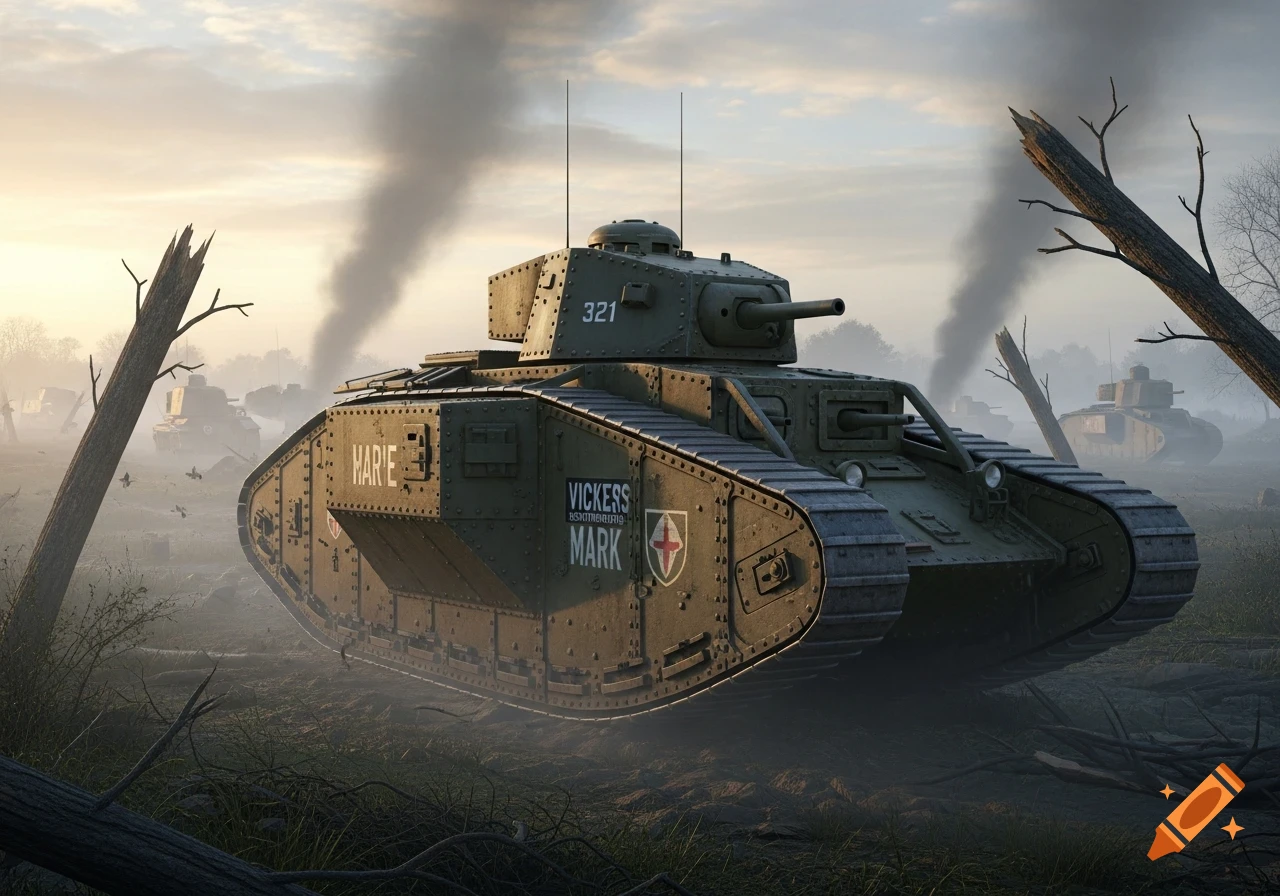 A detailed green Vickers tank with "Marie," "Vickers," and "Mark" visible on its side, surrounded by smoke and broken trees on a hazy battlefield.