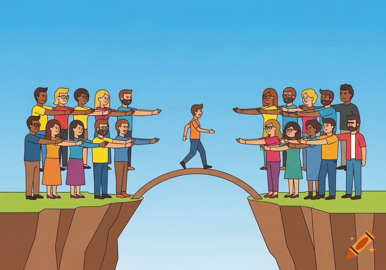 Clipart of diverse people on cliffs forming an arm bridge for a person walking across, signifying support.