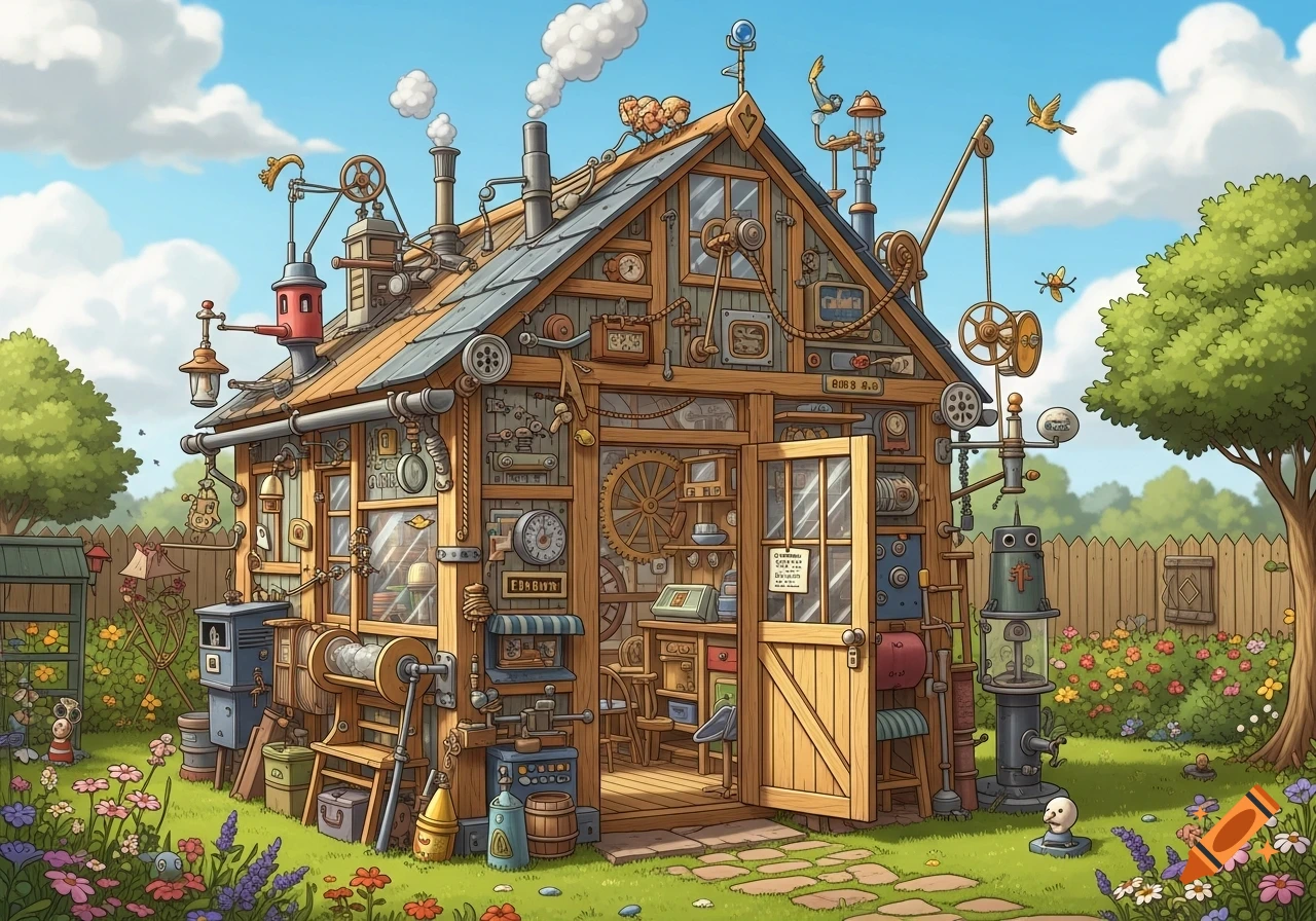 A whimsical, cartoon-style wooden shed covered in intricate mechanical ...
