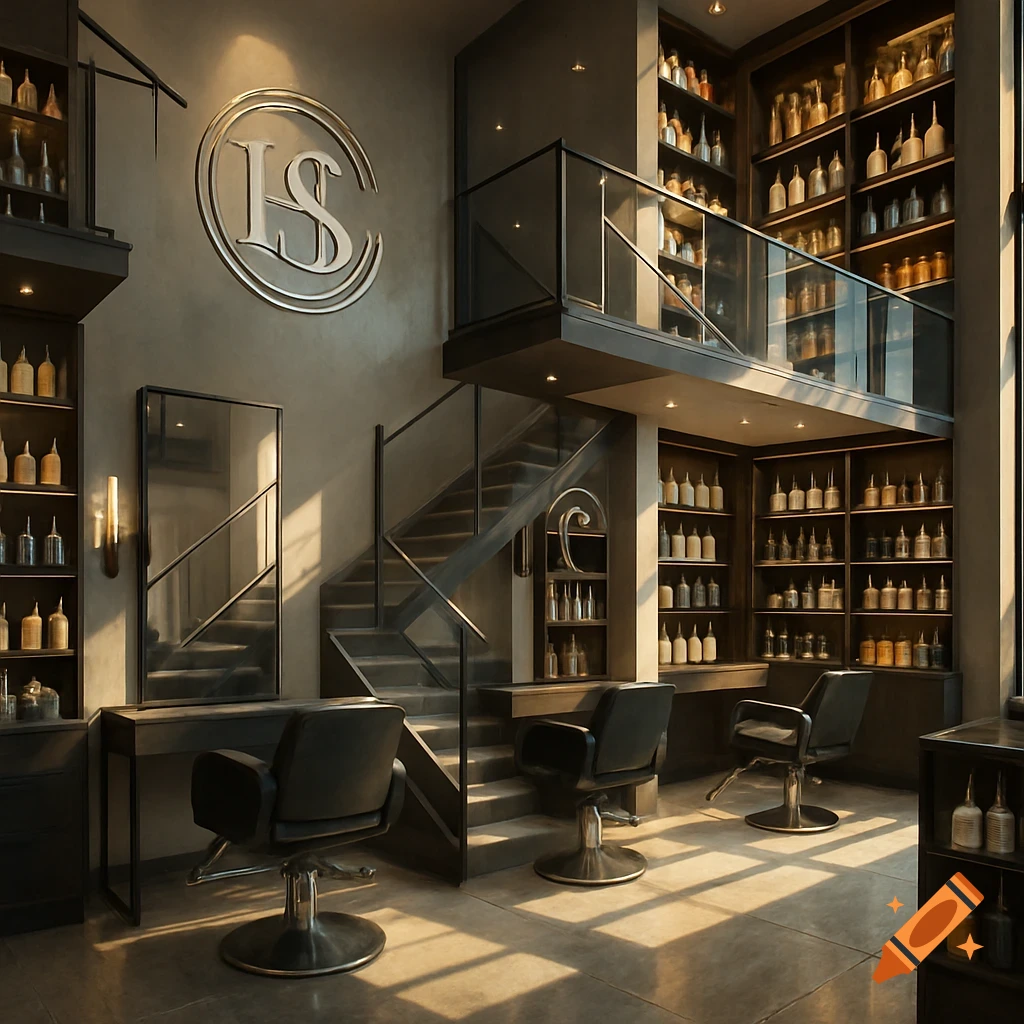 A modern, multi-level hair salon with styling chairs, mirrors, numerous product shelves, and a stylized logo on the wall, in a photorealistic style.