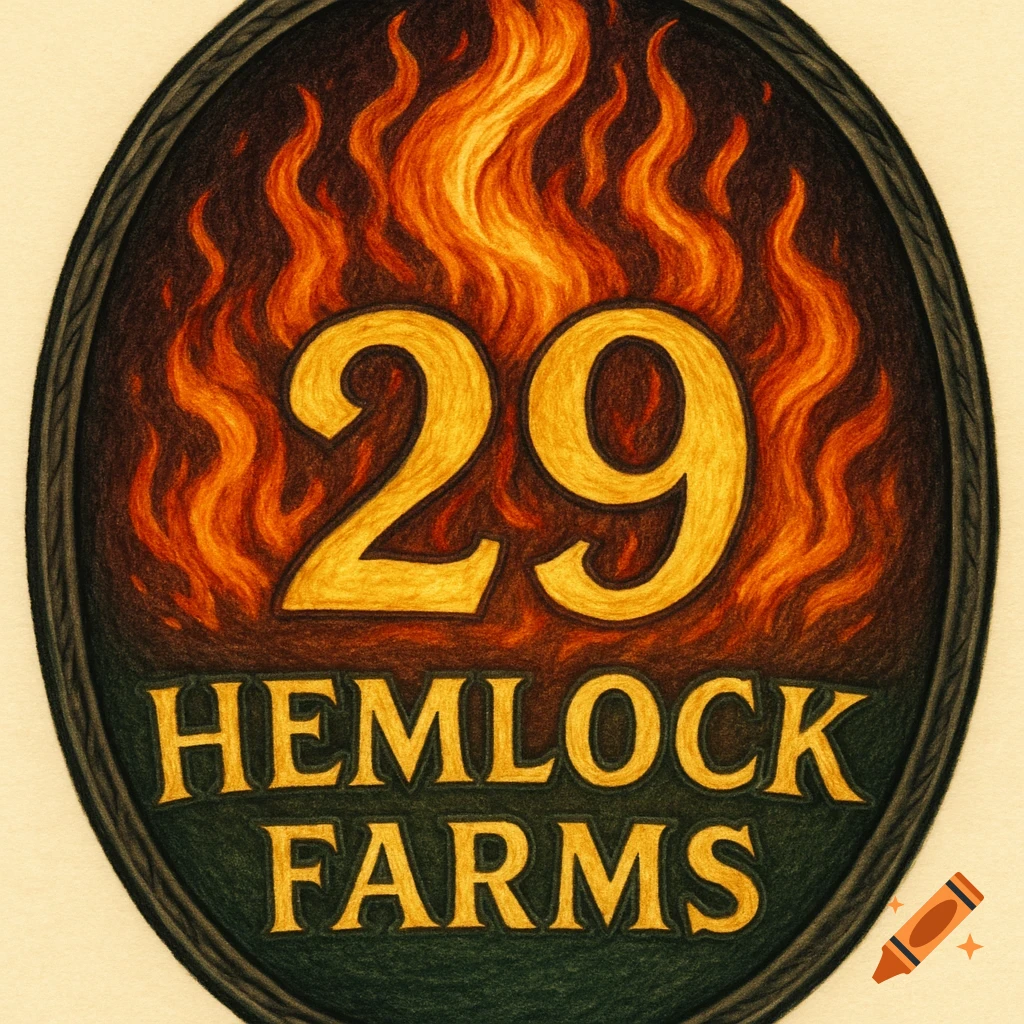 An oval sign with yellow numbers '29' against orange flames, above 'HEMLOCK FARMS' text on a green base.