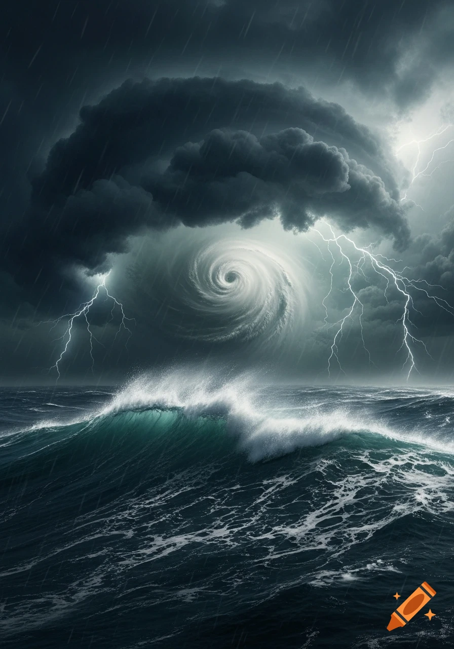A powerful hurricane rages over a dark ocean, with huge waves, torrential rain, swirling clouds, and bright lightning strikes.