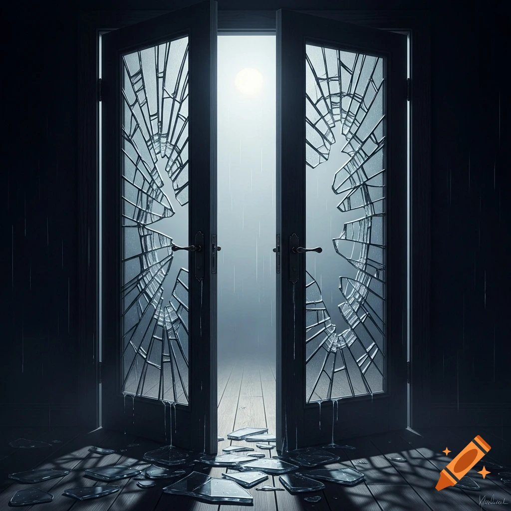 A dramatic, dark image of a broken glass door with shattered glass on the wooden floor, light shining through from outside.