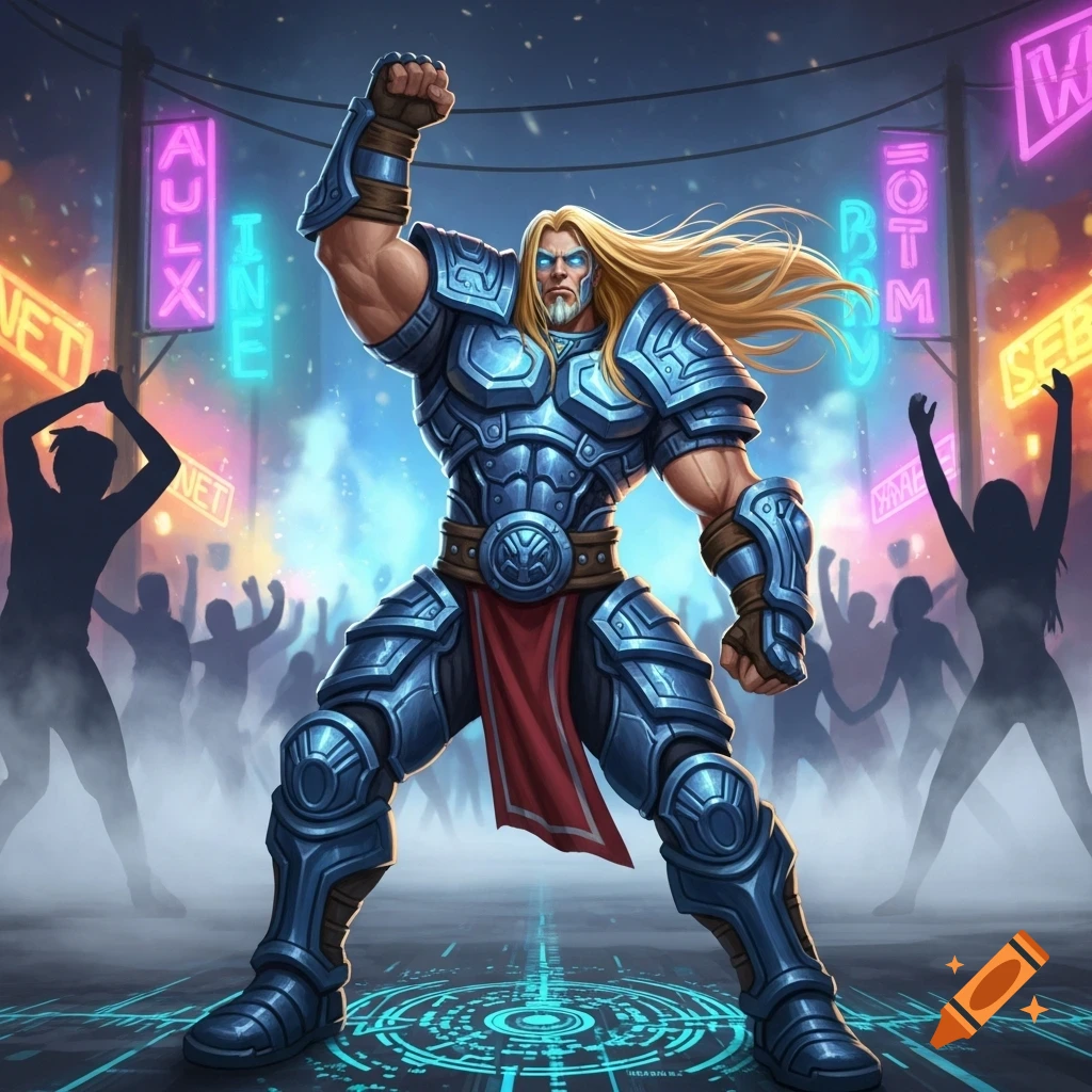 A heavily armored blonde man with a beard stands with a raised fist in a rave-like setting with neon signs and a silhouetted crowd.