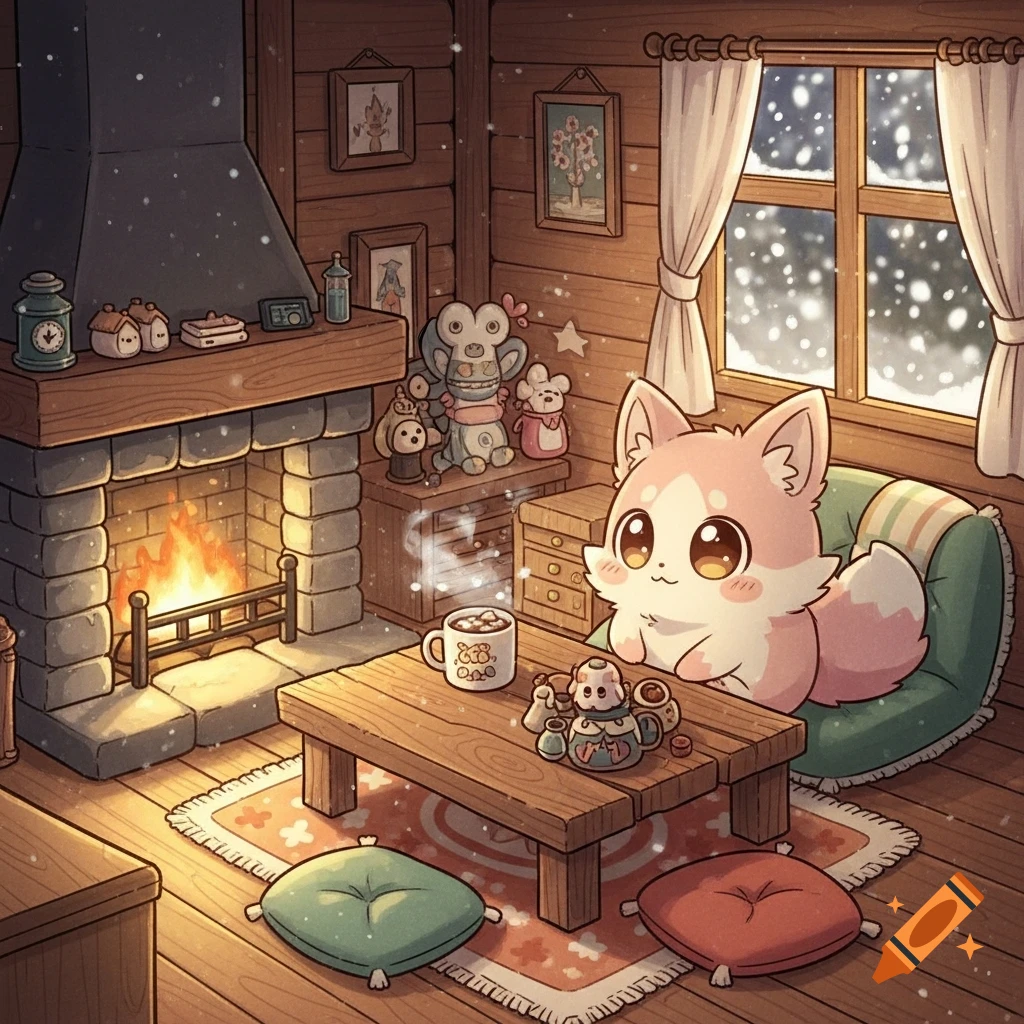 A cute pink and white fox-like creature sits on a green couch in a cozy wooden cabin by a fireplace, with snow falling outside. Anime style.