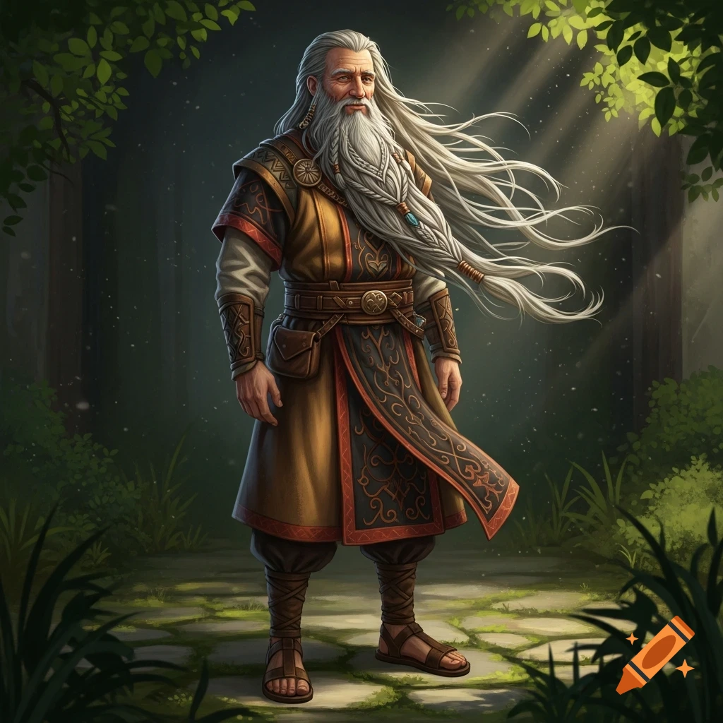 Detailed illustration of an old man with long white hair and beard, wearing a brown, black, and red tunic and sandals, standing in a sunlit forest.