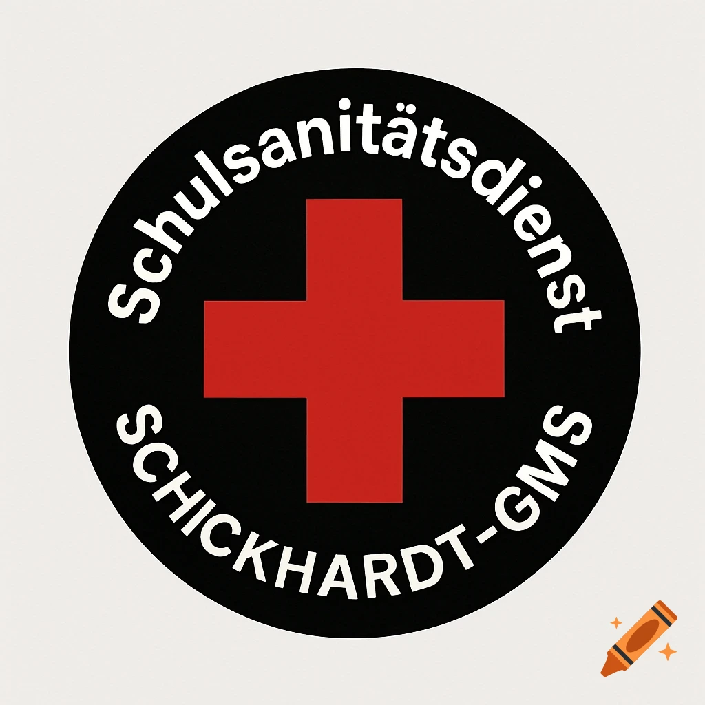 A black circular logo features a red cross in the center, encircled by white text: "Schulsanit tsdienst" above and "Schickhardt-GMS" below.