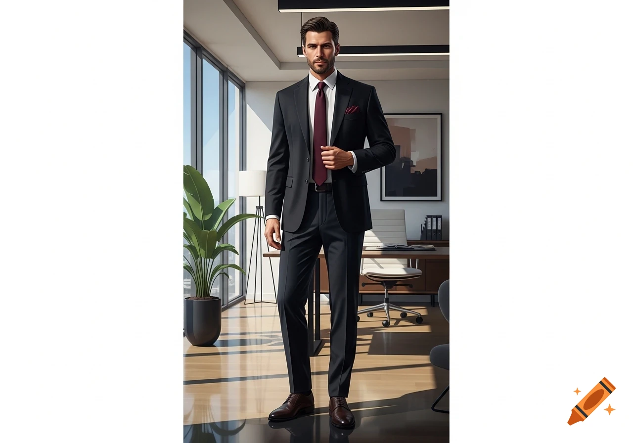 Photorealistic image of a man in a black suit, burgundy tie, and dark brown shoes, standing in a modern office.