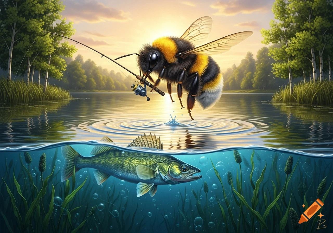 A giant bumblebee with a fishing rod hovers over a lake, creating ripples, while a walleye swims below. Sunset illustration.