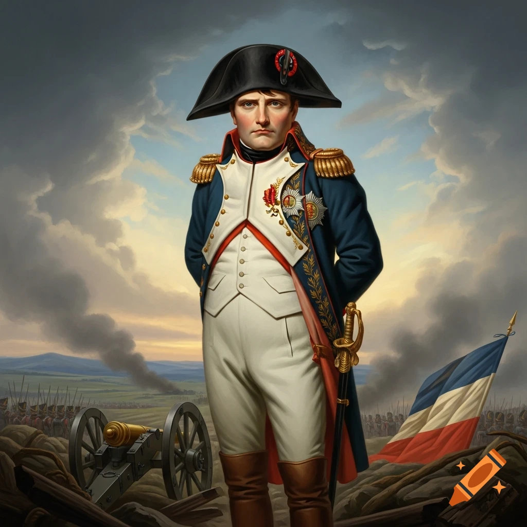 A portrait painting of Napoleon Bonaparte in full military regalia, standing before a smoky battlefield at sunset with a cannon and French flag.